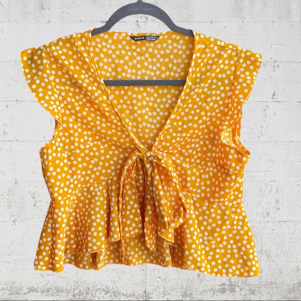 Shein yellow tie front ruffled accent top